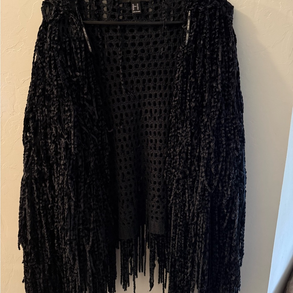 Black Fringe Open-Knit Sweater